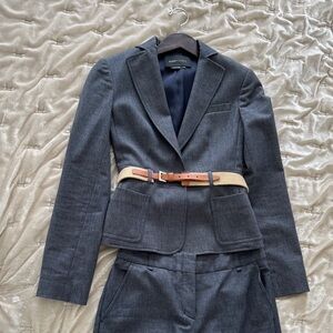 BCBGMaxAzria Charcoal Blazer with Beige Belt and trousers